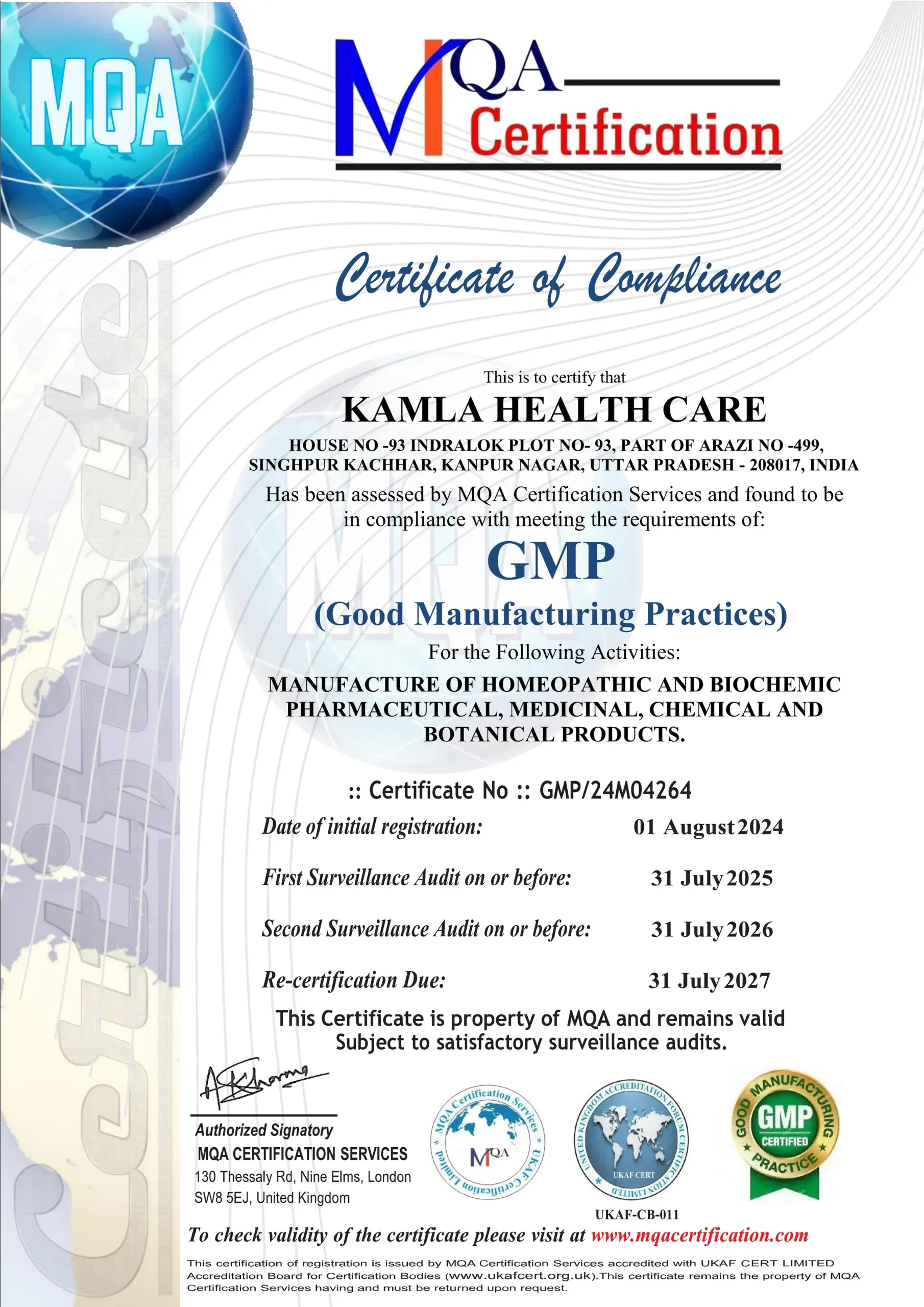 Kamla Health Care GMP Certificate